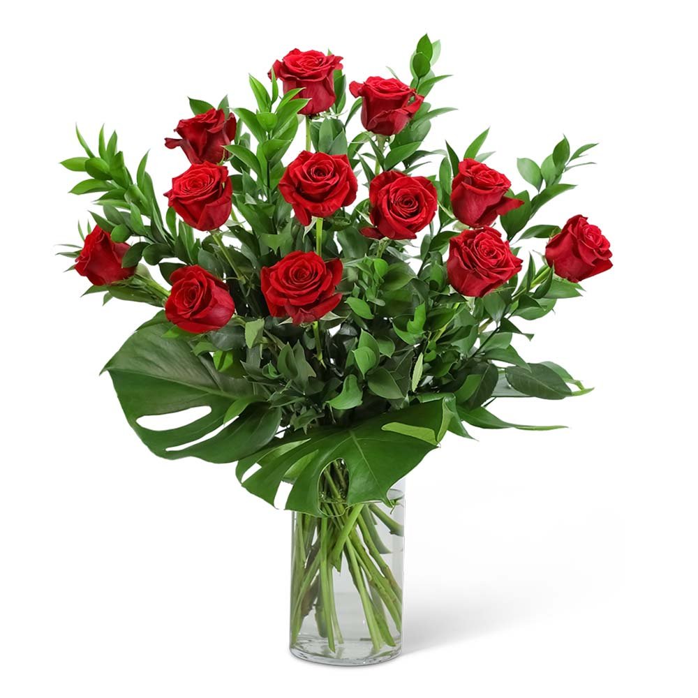 Red Roses with Modern Foliage (12) - Anaheim Hills Florist