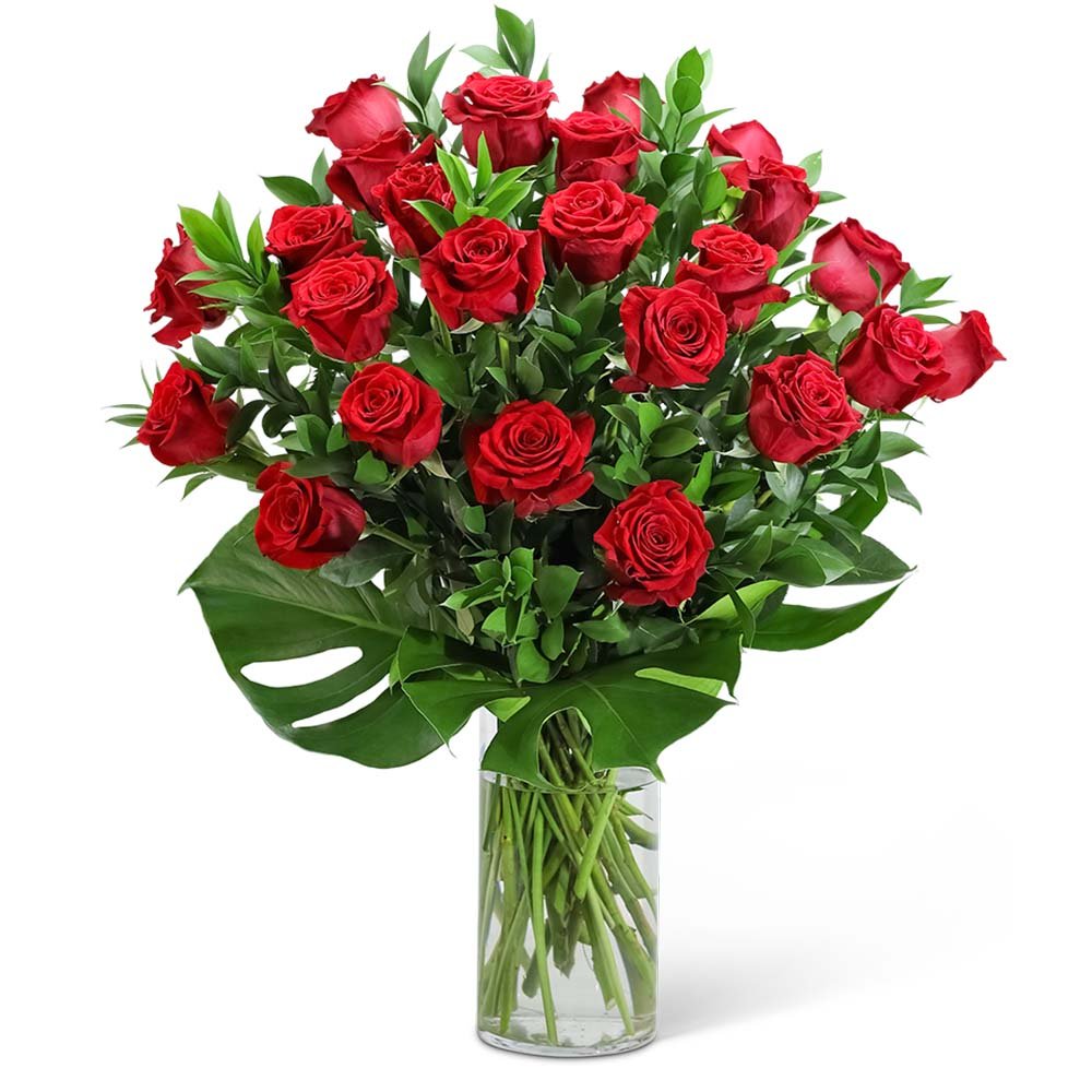 Red Roses with Modern Foliage (24) - Anaheim Hills Florist