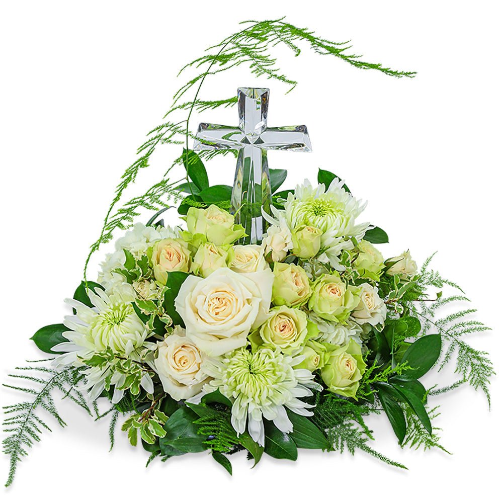 Serenity Centerpiece with Crystal Cross Keepsake - Anaheim Hills Florist