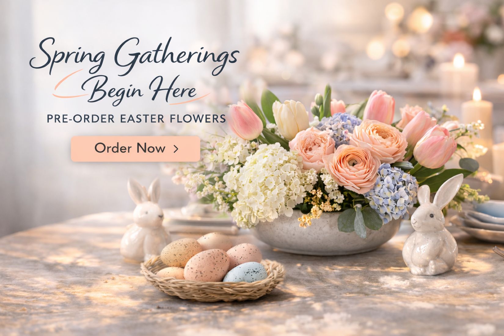 Fresh spring flowers in soft blush, peach and yellow tones arranged for seasonal delivery in Orange County.