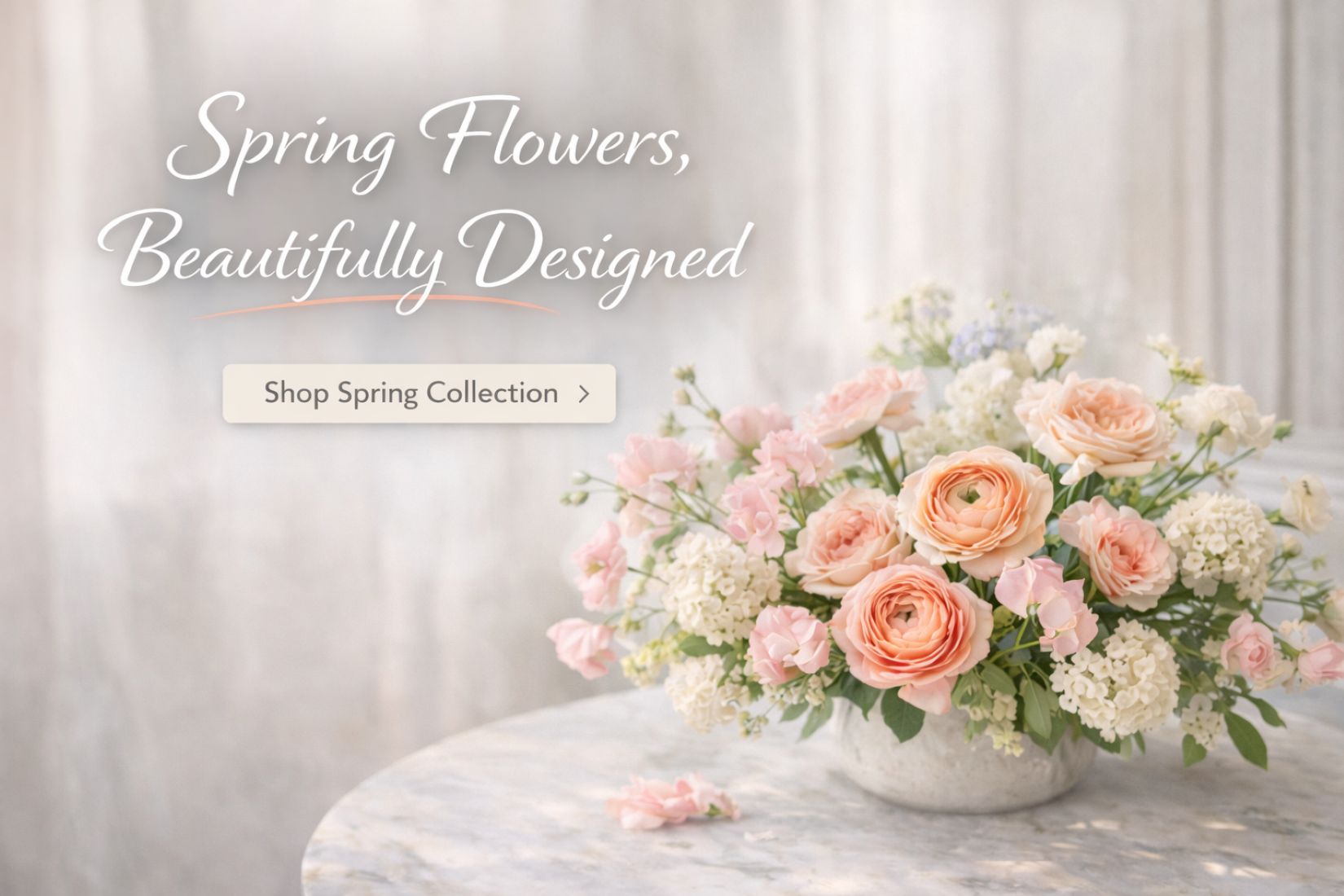 Elegant spring flower arrangement with pastel roses, tulips, ranunculus and hydrangeas available for same-day delivery in Anaheim Hills.