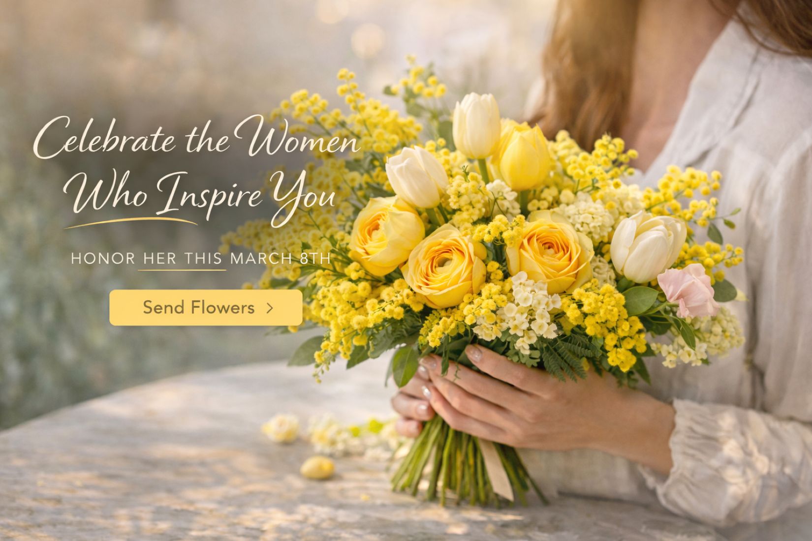 International Women’s Day bouquet featuring yellow roses and spring flowers celebrating March 8.
