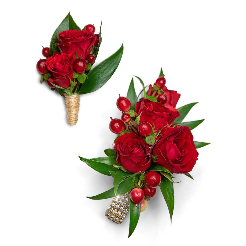 Crimson Corsage and Boutonniere Set - Anaheim Hills Florist