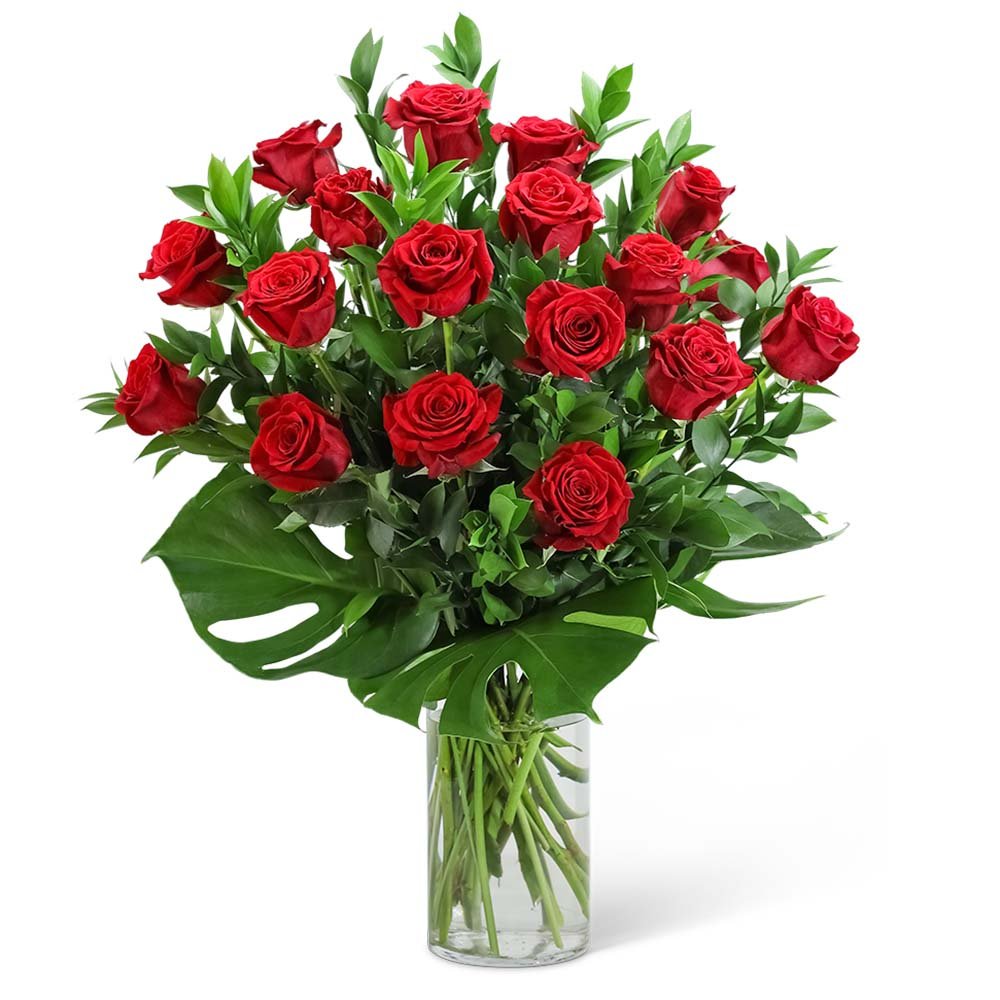 Red Roses with Modern Foliage (18) - Anaheim Hills Florist